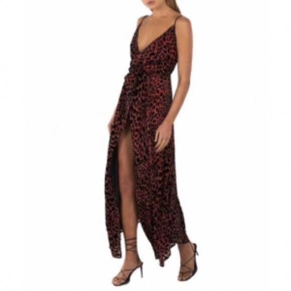 MISHA RED LEOPARD HARPA DRESS Burnout Velvet Front Slit Lined US 10 $419.95 - Picture 2 of 13